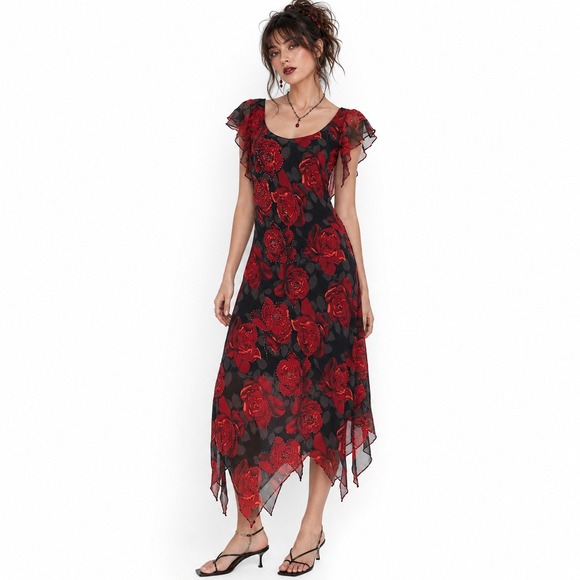 Lapis Dresses & Skirts - Vintage Lapis Silk Bias Rose Maxi Dress L Black Red Hanky Hem Whimsigoth Y2K NWT